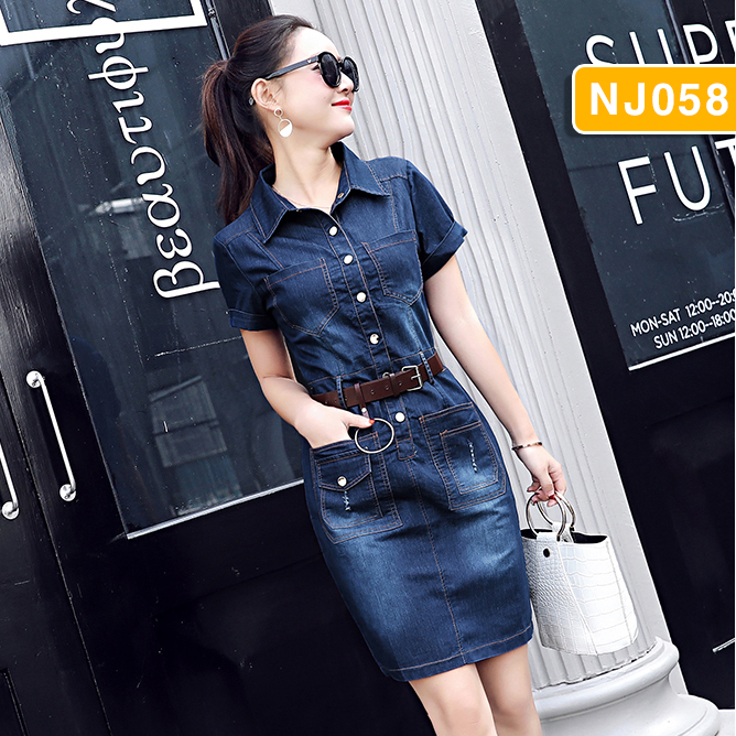 ĐẦM JEAN CỔ SƠ MI PHỐI TÚI